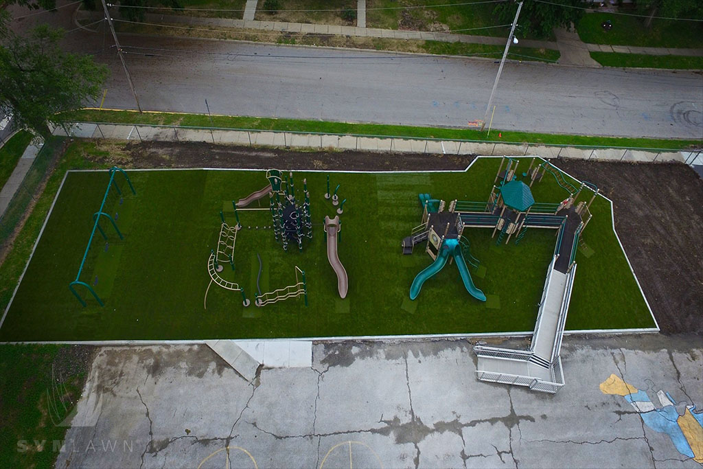aerial image of lee’s summit elementary playground with artificial grass