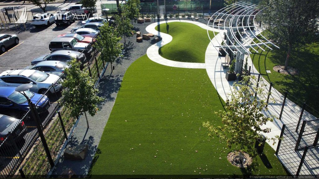 image of SYNLawn artificial pet grass at Trebly Dog Park located in downtown Houston Texas
