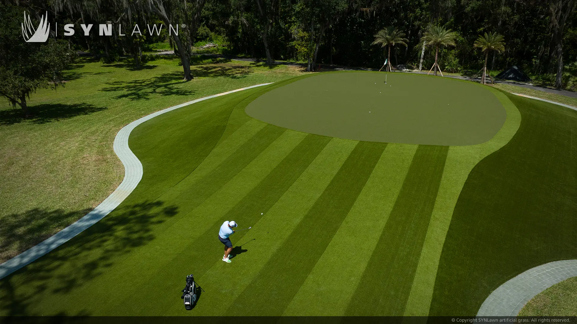 image from aerial view of SYNLawn Golf custom putting green at Deer Creek Jacksonville FL