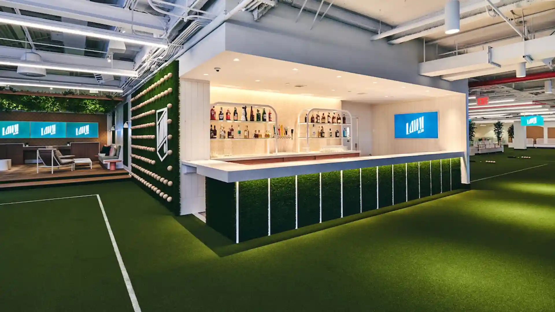 SYNLawn artificial grass at The Lawn Club NYC indoor entertainment complex with outdoor lawn games located in the Seaport District of New York City