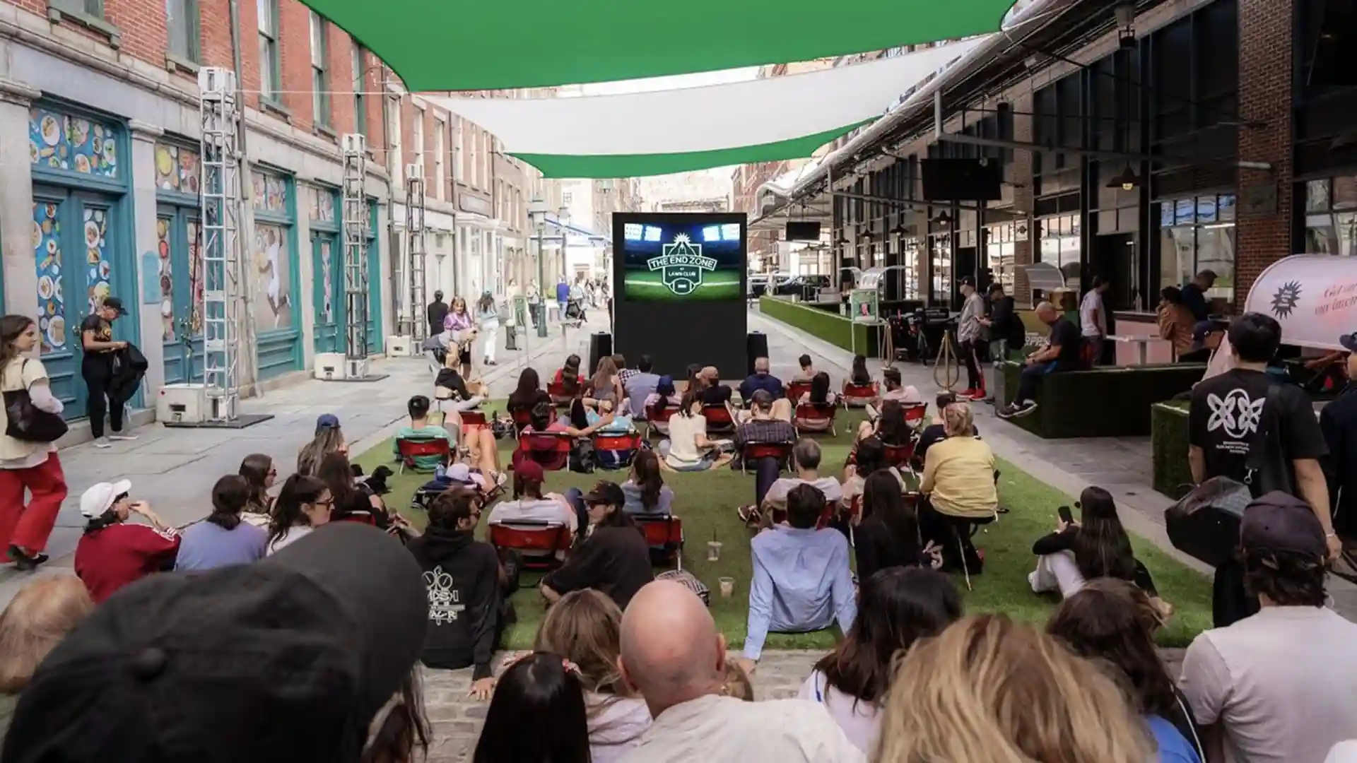 SYNLawn artificial grass at The Lawn Club NYC indoor entertainment complex with outdoor lawn games located in the Seaport District of New York City